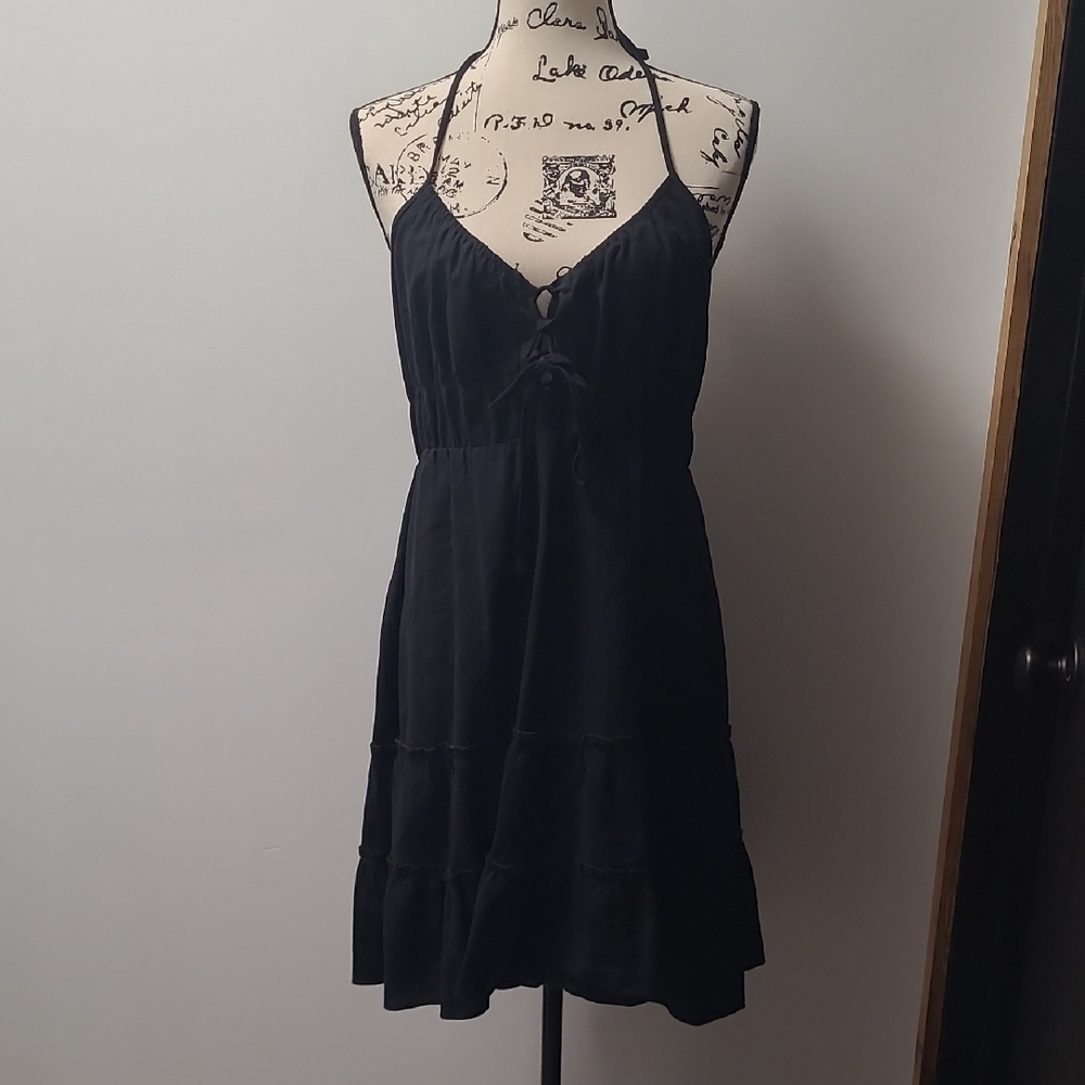 Black Halter Tie-Front Mini Summer Dress
